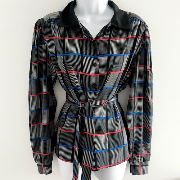 St.Michael Chic Plaid Pattern Black Collared Button Down Shirt with Belt 90’s - Picture 1 of 16